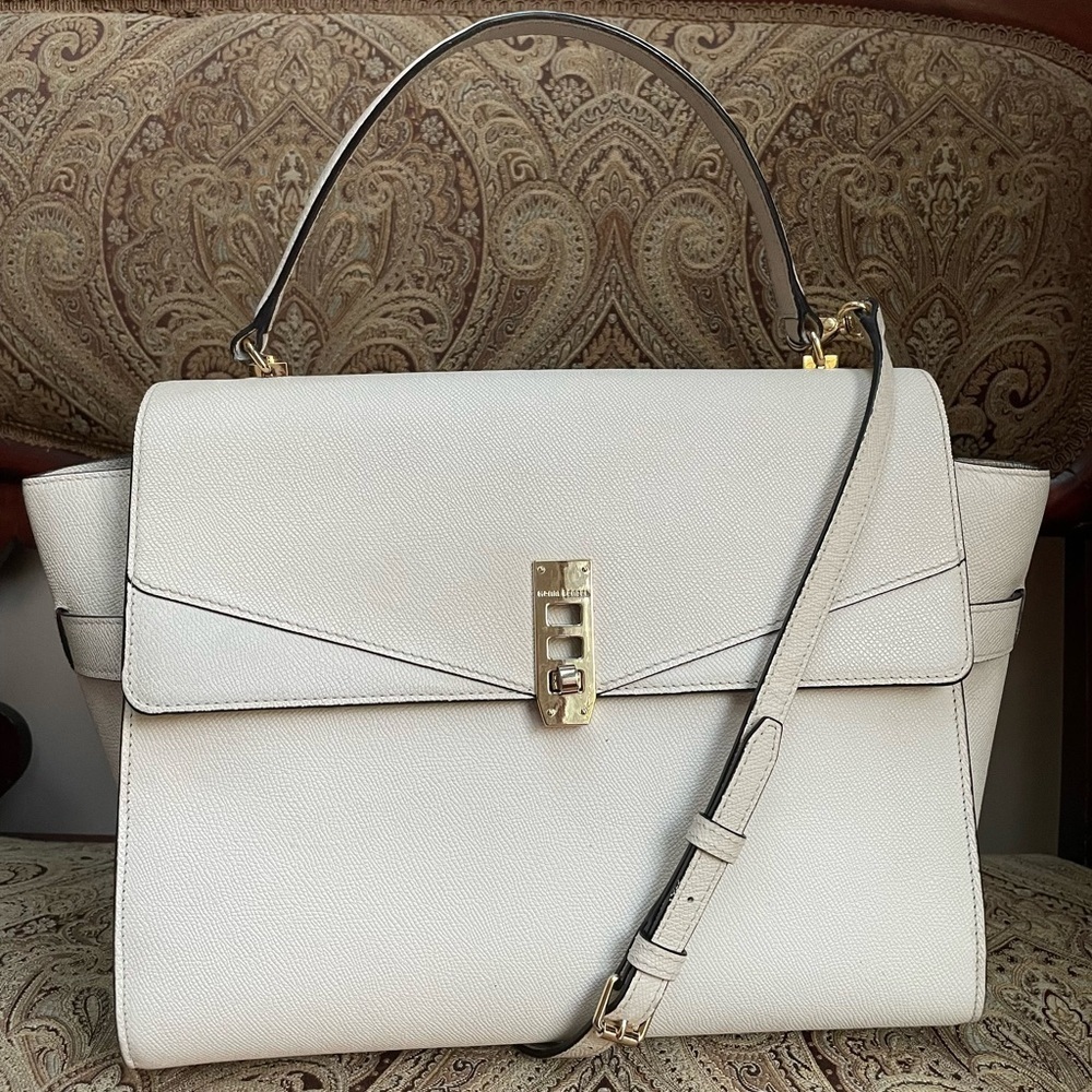 Henri Bendel Large Ivory Uptown Satchel with Gold Tone Hardware & Long Strap
